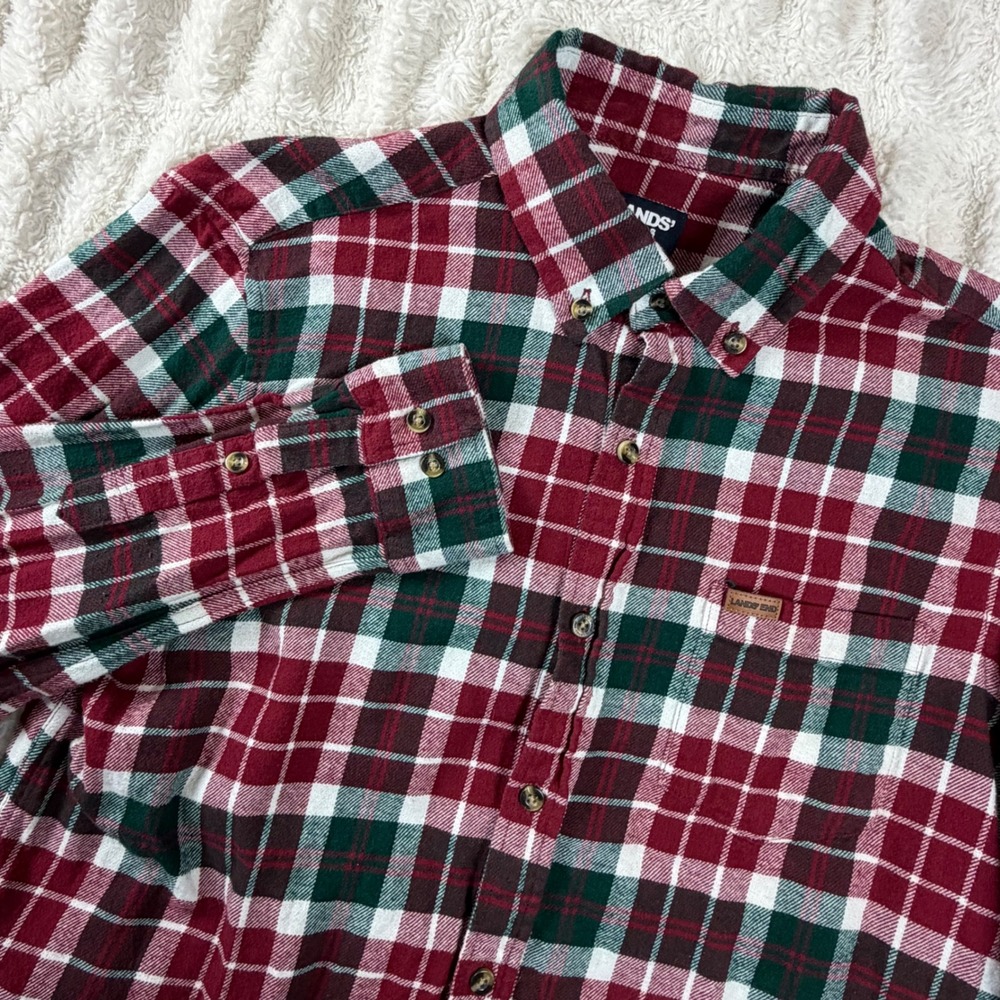 Lands End Mens Red Green Plaid Flannel Button Down Shirt Long Sleeve L